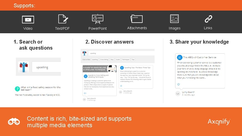 Supports: Video 1. Search or ask questions Text/PDF Power. Point Attachments 2. Discover answers