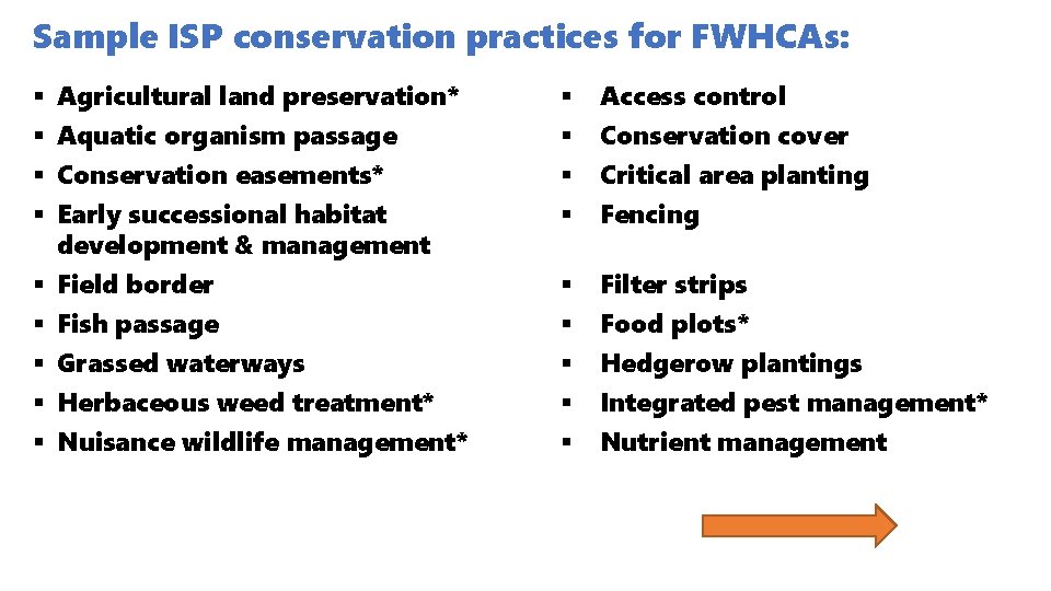 Sample ISP conservation practices for FWHCAs: § § Agricultural land preservation* Aquatic organism passage Sample ISP conservation practices for FWHCAs: § § Agricultural land preservation* Aquatic organism passage