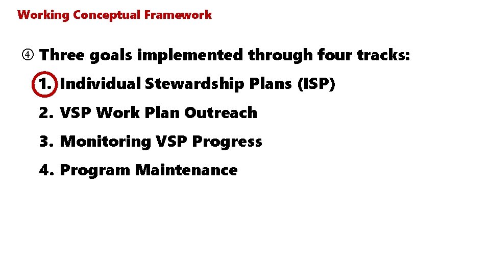 Working Conceptual Framework Three goals implemented through four tracks: 1. Individual Stewardship Plans (ISP) Working Conceptual Framework Three goals implemented through four tracks: 1. Individual Stewardship Plans (ISP)