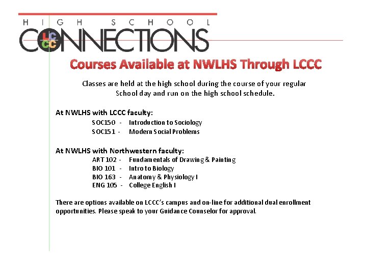 Courses Available at NWLHS Through LCCC Classes are held at the high school during