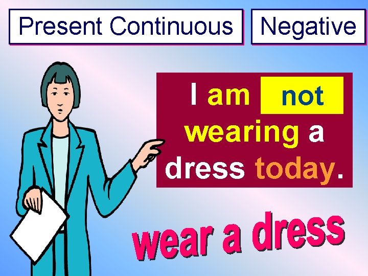 Present Continuous Negative I am ----not wearing a dress today. 