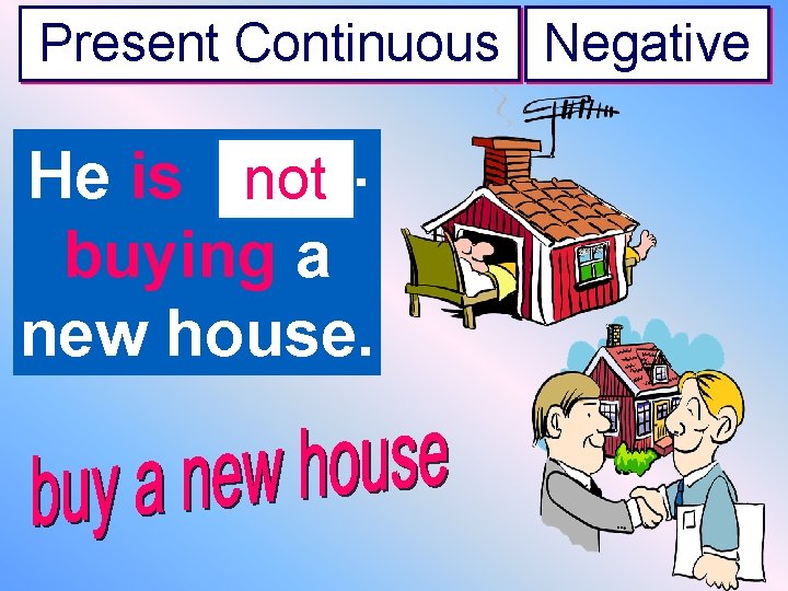 Present Continuous Negative He is not ----buying a new house. 