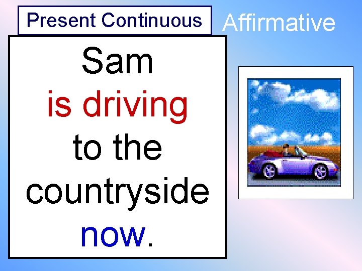 Present Continuous Sam is driving to the countryside now. Affirmative 