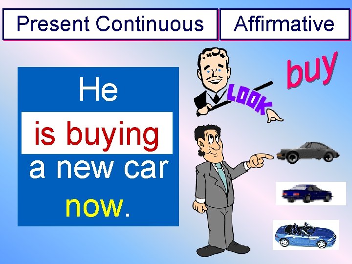 Present Continuous He -----is buying a new car now. Affirmative 