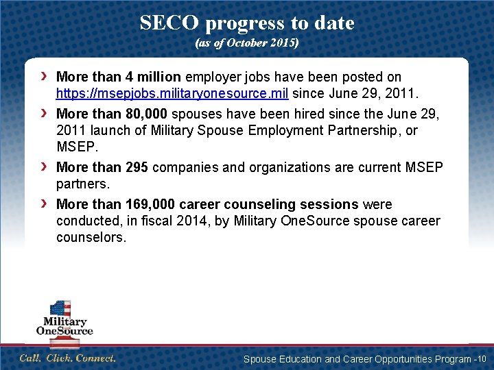 SECO progress to date (as of October 2015) More than 4 million employer jobs