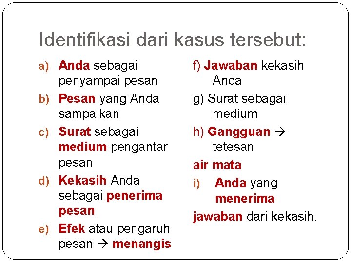 Identifikasi dari kasus tersebut: a) Anda sebagai b) c) d) e) penyampai pesan Pesan