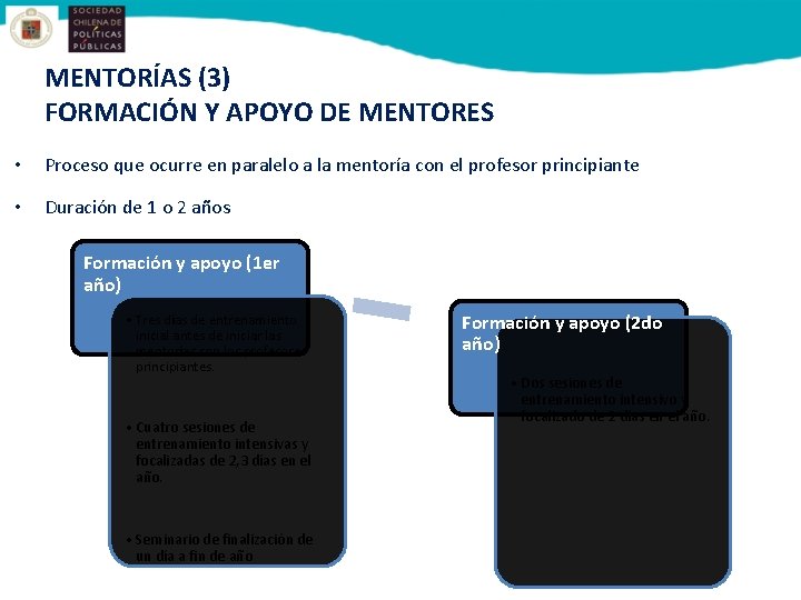 MENTORÍAS (3) FORMACIÓN Y APOYO DE MENTORES • Proceso que ocurre en paralelo a