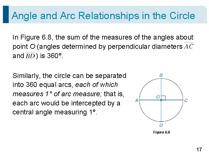 Angle and Arc Relationships in the Circle In Figure 6. 8, the sum of Angle and Arc Relationships in the Circle In Figure 6. 8, the sum of