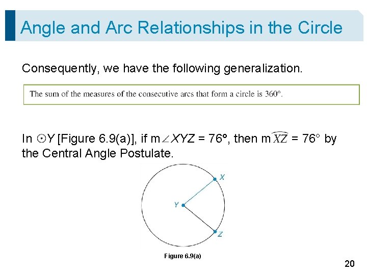 Angle and Arc Relationships in the Circle Consequently, we have the following generalization. In Angle and Arc Relationships in the Circle Consequently, we have the following generalization. In