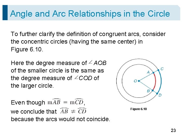 Angle and Arc Relationships in the Circle To further clarify the definition of congruent Angle and Arc Relationships in the Circle To further clarify the definition of congruent