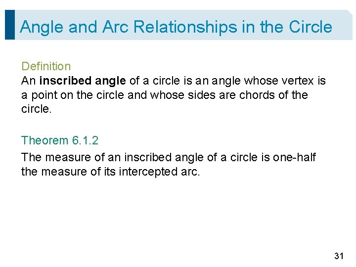 Angle and Arc Relationships in the Circle Definition An inscribed angle of a circle Angle and Arc Relationships in the Circle Definition An inscribed angle of a circle