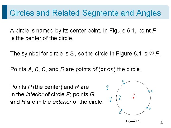 Circles and Related Segments and Angles A circle is named by its center point. Circles and Related Segments and Angles A circle is named by its center point.