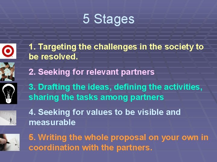 5 Stages 1. Targeting the challenges in the society to be resolved. 2. Seeking