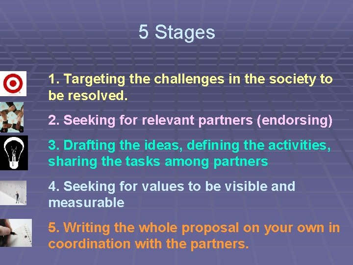 5 Stages 1. Targeting the challenges in the society to be resolved. 2. Seeking