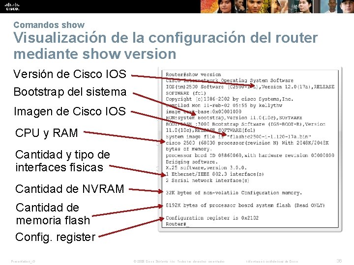 Comandos show Visualización de la configuración del router mediante show version Versión de Cisco Comandos show Visualización de la configuración del router mediante show version Versión de Cisco
