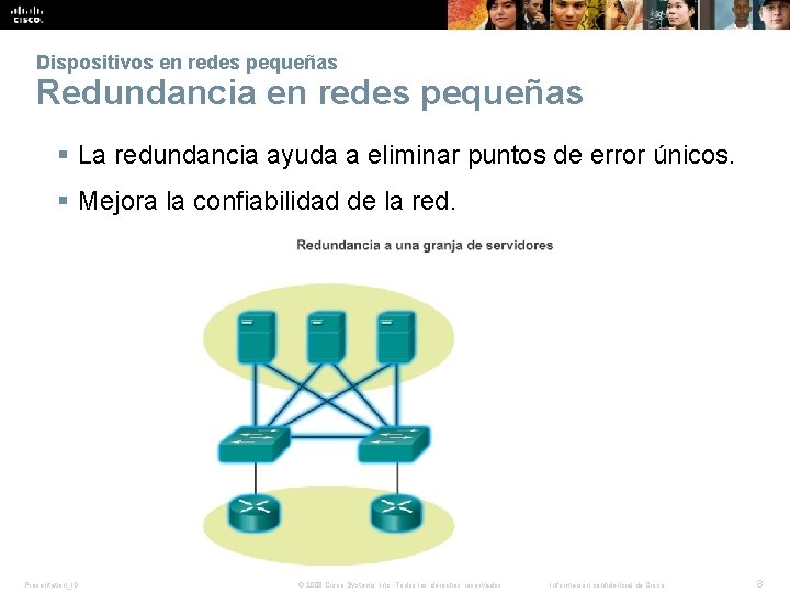 Dispositivos en redes pequeñas Redundancia en redes pequeñas § La redundancia ayuda a eliminar Dispositivos en redes pequeñas Redundancia en redes pequeñas § La redundancia ayuda a eliminar