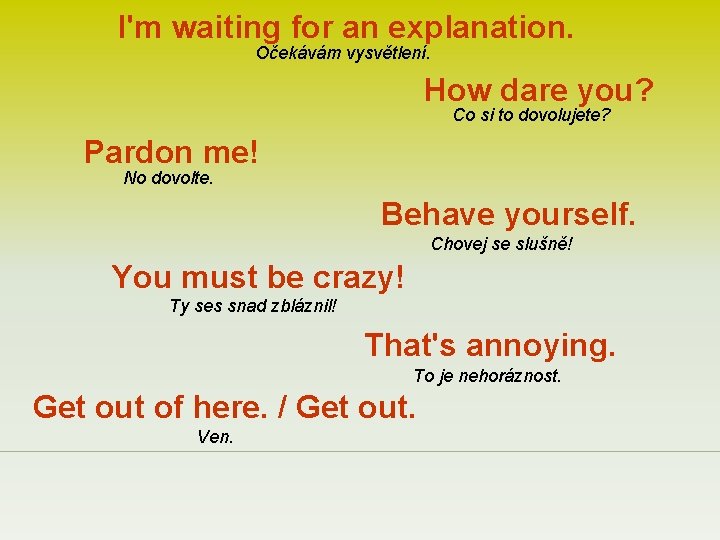 I'm waiting for an explanation. Očekávám vysvětlení. How dare you? Co si to dovolujete?