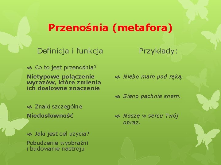 Przenośnia (metafora) Definicja i funkcja Przykłady: Co to jest przenośnia? Nietypowe połączenie wyrazów, które