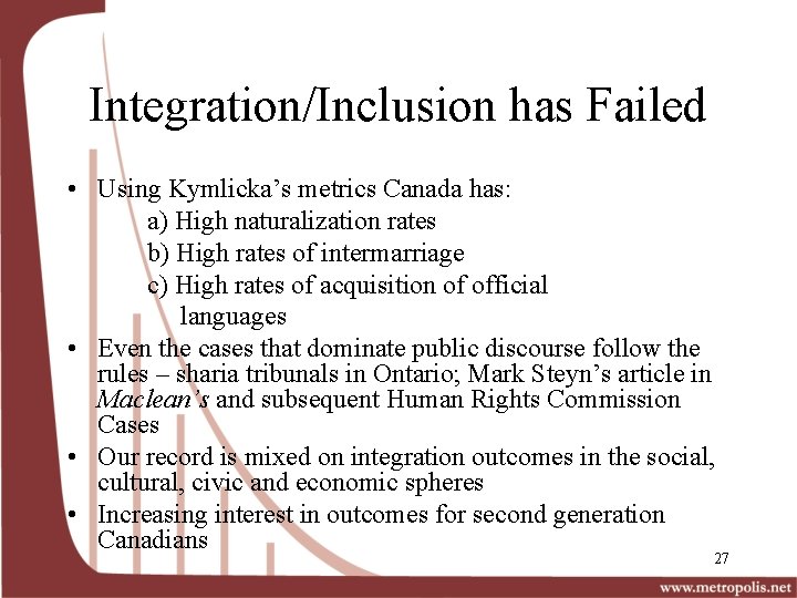 Integration/Inclusion has Failed • Using Kymlicka’s metrics Canada has: a) High naturalization rates b)