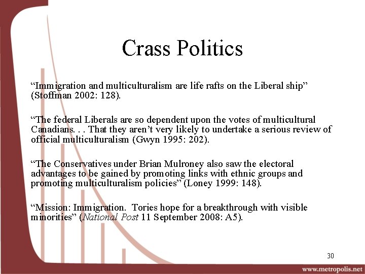 Crass Politics “Immigration and multiculturalism are life rafts on the Liberal ship” (Stoffman 2002: