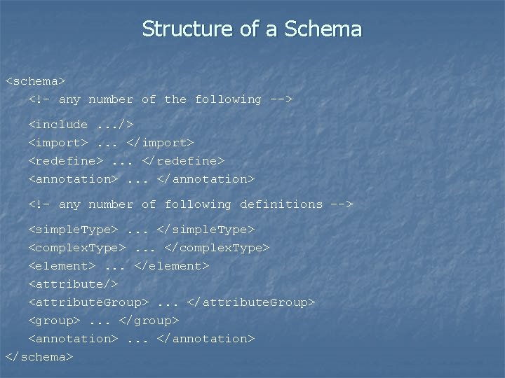 Structure of a Schema <schema> <!– any number of the following --> <include. .