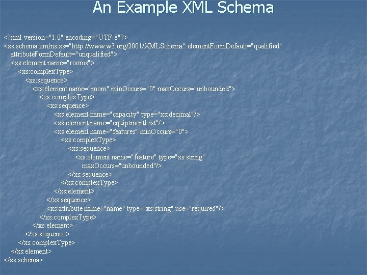 An Example XML Schema <? xml version="1. 0" encoding="UTF-8"? > <xs: schema xmlns: xs="http: