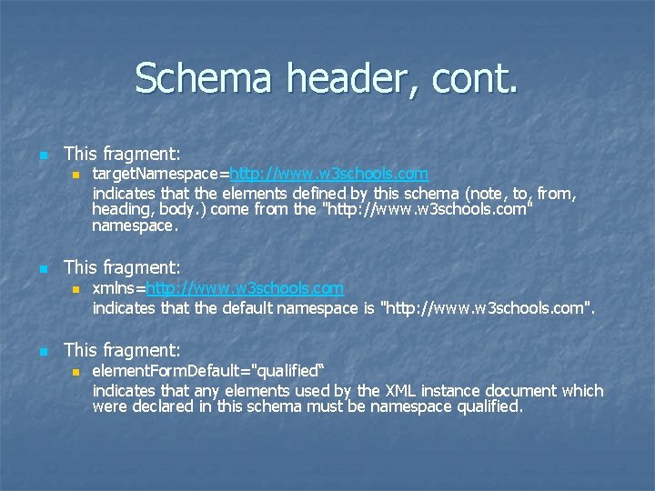 Schema header, cont. n This fragment: n n target. Namespace=http: //www. w 3 schools.