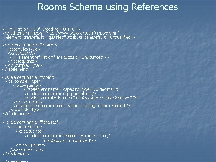 Rooms Schema using References <? xml version="1. 0" encoding="UTF-8"? > <xs: schema xmlns: xs="http: