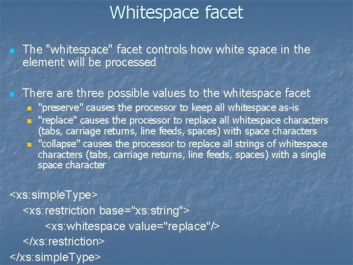 Whitespace facet n n The "whitespace" facet controls how white space in the element