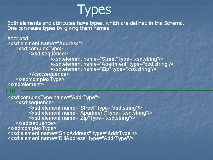 Types Both elements and attributes have types, which are defined in the Schema. One