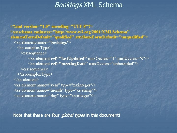Bookings XML Schema <? xml version="1. 0" encoding="UTF-8"? > <xs: schema xmlns: xs="http: //www.