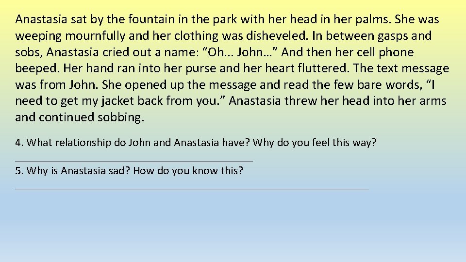Anastasia sat by the fountain in the park with her head in her palms. Anastasia sat by the fountain in the park with her head in her palms.