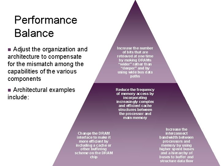Performance Balance Adjust the organization and architecture to compensate for the mismatch among the Performance Balance Adjust the organization and architecture to compensate for the mismatch among the