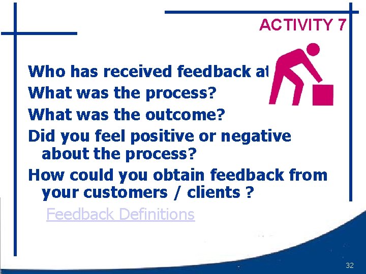 ACTIVITY 7 Who has received feedback at work? What was the process? What was