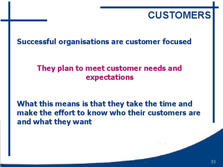 CUSTOMERS Successful organisations are customer focused They plan to meet customer needs and expectations