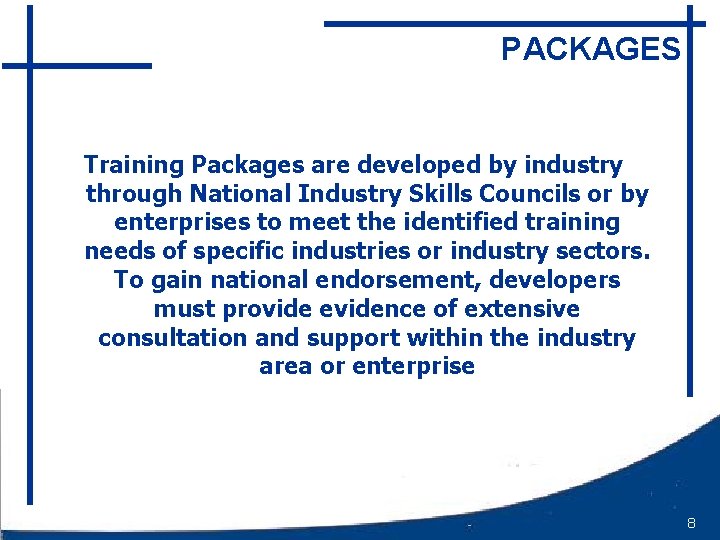 PACKAGES Training Packages are developed by industry through National Industry Skills Councils or by