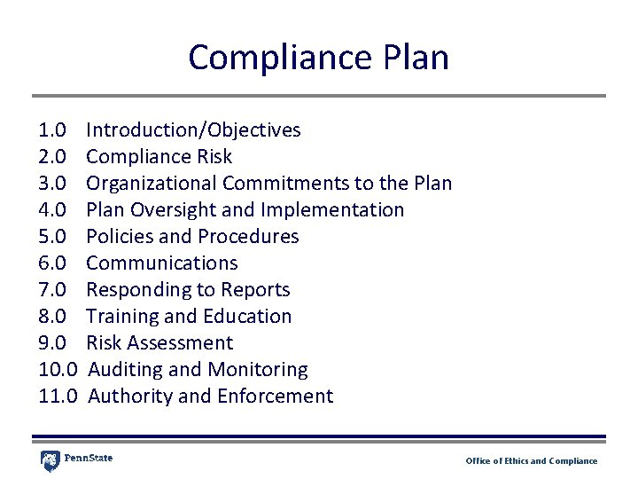 Compliance Plan 1. 0 2. 0 3. 0 4. 0 5. 0 6. 0