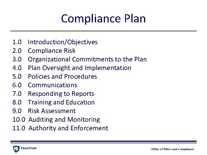 Compliance Plan 1. 0 2. 0 3. 0 4. 0 5. 0 6. 0