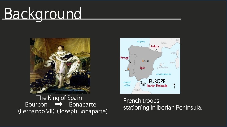 Background The King of Spain Bourbon Bonaparte (Fernando VII) (Joseph Bonaparte) French troops stationing