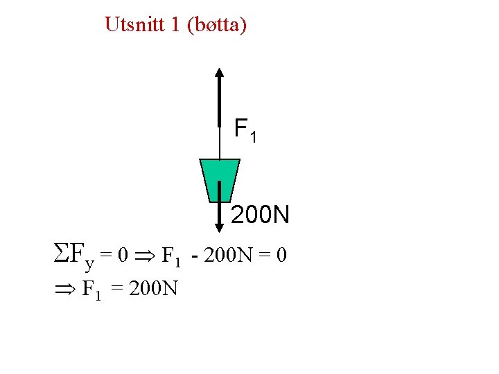 Utsnitt 1 (bøtta) F 1 200 N Fy = 0 F 1 = 200