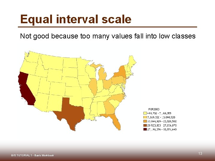 Equal interval scale Not good because too many values fall into low classes GIS Equal interval scale Not good because too many values fall into low classes GIS