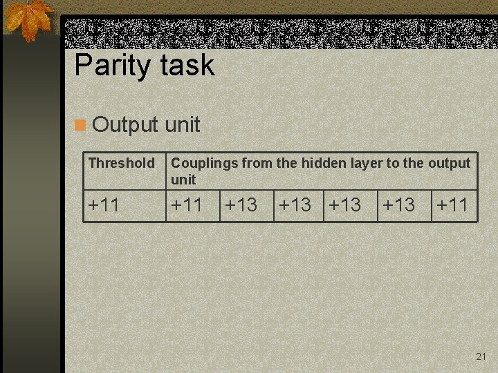 Parity task n Output unit Threshold Couplings from the hidden layer to the output Parity task n Output unit Threshold Couplings from the hidden layer to the output