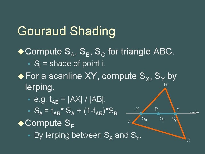 Gouraud Shading u Compute § SA, SB, SC for triangle ABC. Si = shade