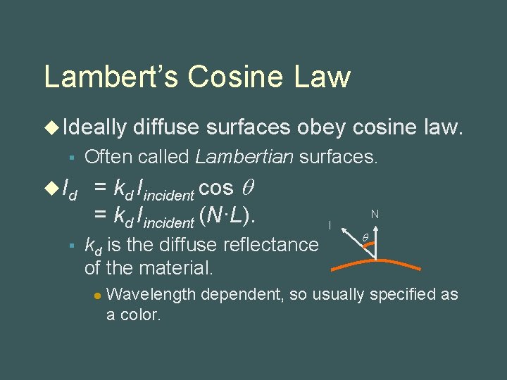 Lambert’s Cosine Law u Ideally § u Id § diffuse surfaces obey cosine law.