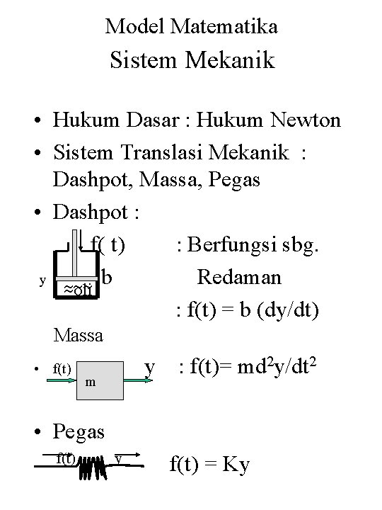 Model Matematika Sistem Mekanik • Hukum Dasar : Hukum Newton • Sistem Translasi Mekanik