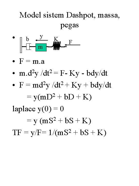 Model sistem Dashpot, massa, pegas • b y m K F • F =