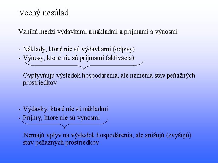 Vecný nesúlad Vzniká medzi výdavkami a nákladmi a príjmami a výnosmi - Náklady, ktoré