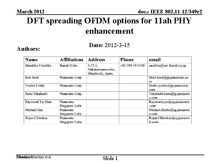 March 2012 doc. : IEEE 802. 11 -12/349 r 2 DFT spreading OFDM options