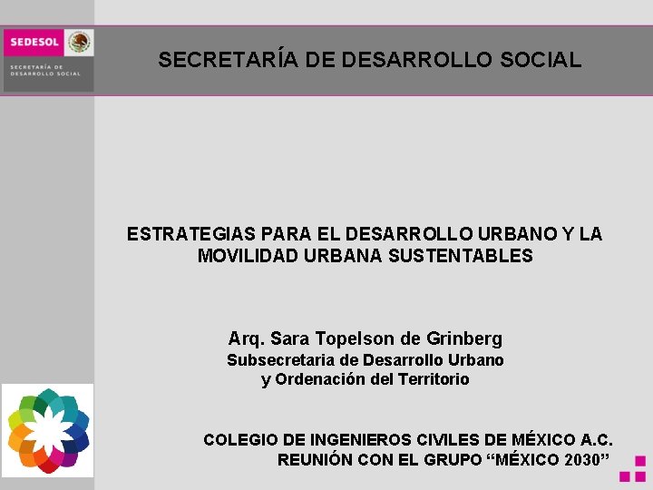 SECRETARÍA DE DESARROLLO SOCIAL ESTRATEGIAS PARA EL DESARROLLO URBANO Y LA MOVILIDAD URBANA SUSTENTABLES