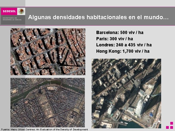 Algunas densidades habitacionales en el mundo… Barcelona: 500 viv / ha Paris: 300 viv